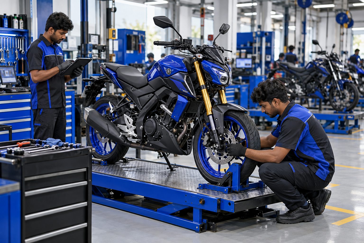 Technician servicing a Yamaha motorcycle in an authorised workshop